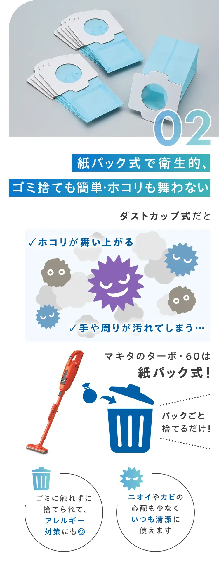 02.紙パック式で衛生的、ゴミ捨ても簡単・ホコリも舞わない ダストカップ式だと✓ホコリが舞い上がる ✓手や周りが汚れてしまう… 通販生活のマキタのターボ・60は紙パック式！ パックごと捨てるだけ！ゴミに触れずに捨てられて、アレルギー対策にも◎ ニオイやカビの心配も少なくいつも清潔に使えます。
