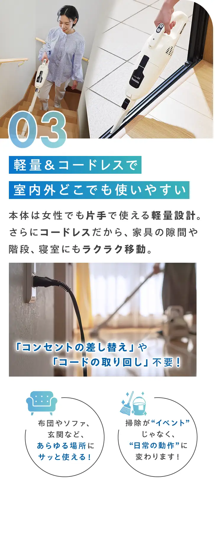 03.軽量&コードレスで室内外どこでも使いやすい 本体は女性でも片手で使える軽量設計。さらにコードレスだから、家具の隙間や階段、寝室にもラクラク移動。「コンセントの差し替え」や「コードの取り回し」不要！ 布団やソファ、玄関など、あらゆる場所にサッと使える！ 掃除が“イベント”じゃなく、“日常の動作”に変わります！