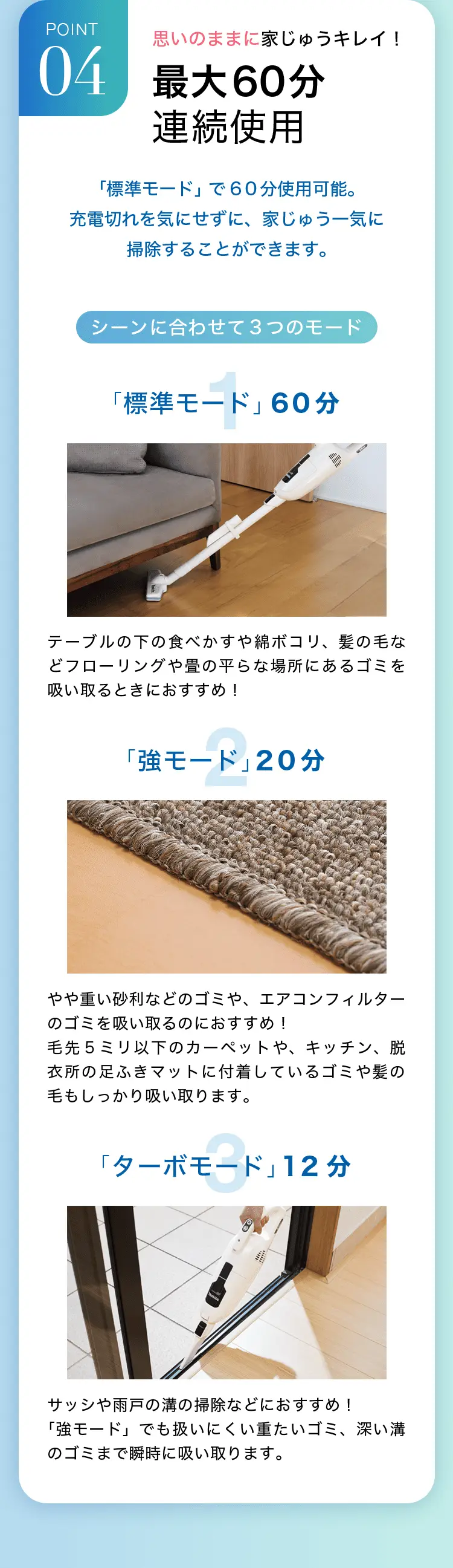 POINT4 思いのままに家じゅうキレイ!最大60分連続使用 充電は置くだけの簡単仕様。収納はスタンド式で場所を取らず、使いたい時にサッと取り出せます。「標準モード」で60分使用可能。充電切れを気にせずに、家じゅう一気に掃除することができます。シーンに合わせて3つのモード 1「標準モード」60分 テーブルの下の食べかすや綿ボコリ、髪の毛などフローリングや畳の平らな場所にあるゴミを吸い取るときにおすすめ！ 2「強モード」20分 やや重い砂利などのゴミや、エアコンフィルターのゴミを吸い取るのにおすすめ！毛先５ミリ以下のカーペットや、キッチン、脱衣所の足ふきマットに付着しているゴミや髪の毛もしっかり吸い取ります。3「ターボモード」12分サッシや雨戸の溝の掃除などにおすすめ！「強モード」でも扱いにくい重たいゴミ、深い溝のゴミまで瞬時に吸い取ります。