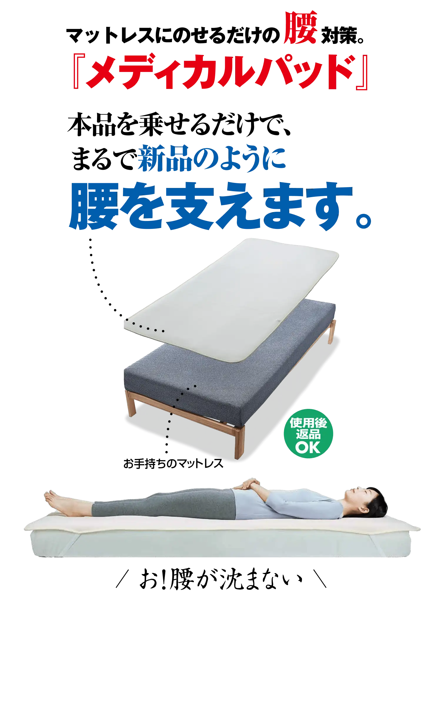 メディカルパッド｜マットレスにのせるだけで、新品のように腰を支える腰対策
