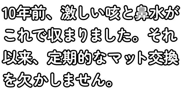 10年前、激しい咳と鼻水がこれで収まりました。それ以来、定期的なマット交換を欠かしません。