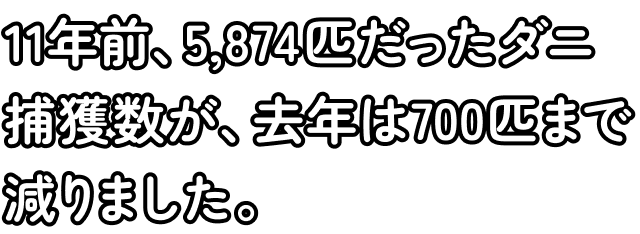 11年前、5,874匹だったダニ捕獲数が、去年は700匹まで減りました。