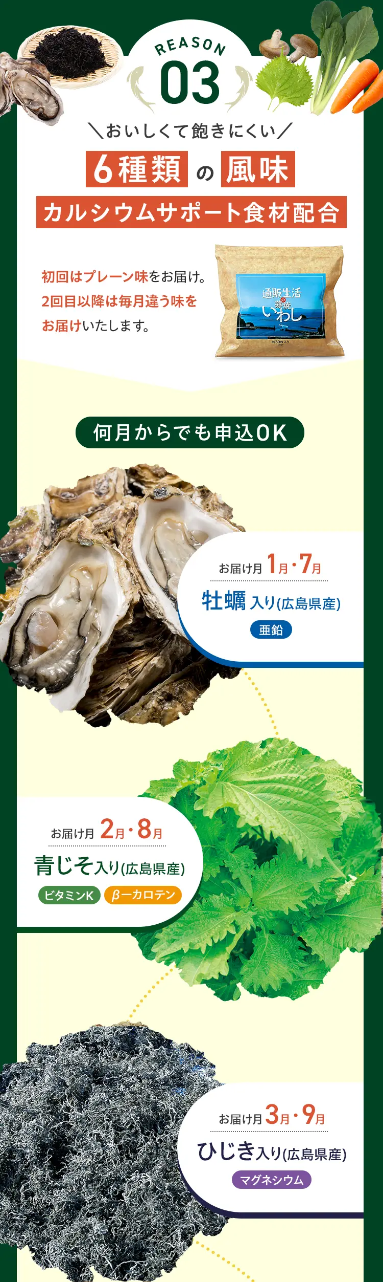 REASON 03 おいしくて飽きにくい6種類の風味 カルシウムサポート食材配合
