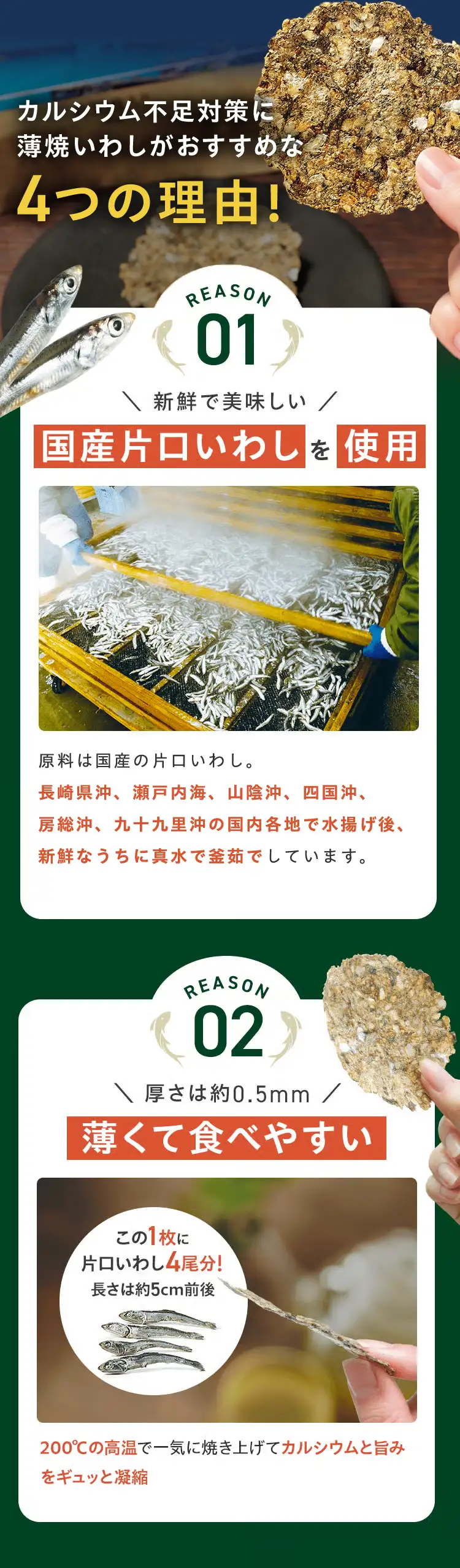 薄焼いわしが人気な4つの理由 REASON 01 新鮮で美味しい国産片口いわしを使用 REASON 02 厚さは約0.5mm薄くて食べやすい