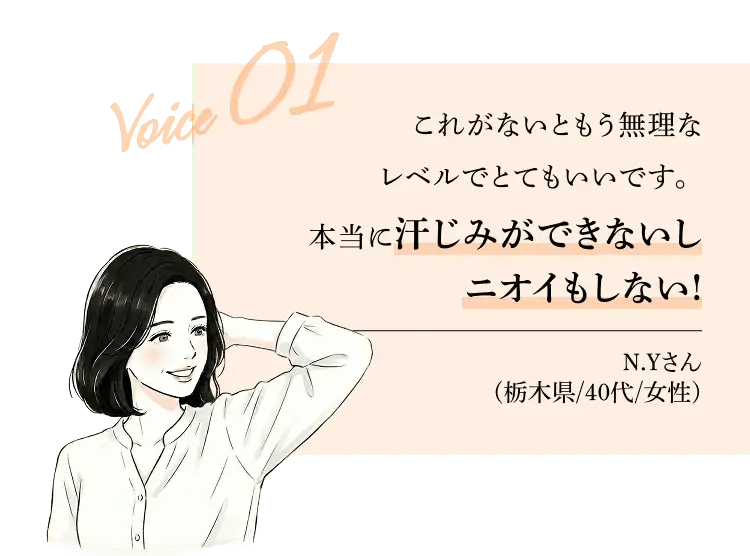 Voice01 これがないともう無理なレベルでとてもいいです。本当に汗じみができないしニオイもしない！N.Yさん(栃木県/40代/女性)