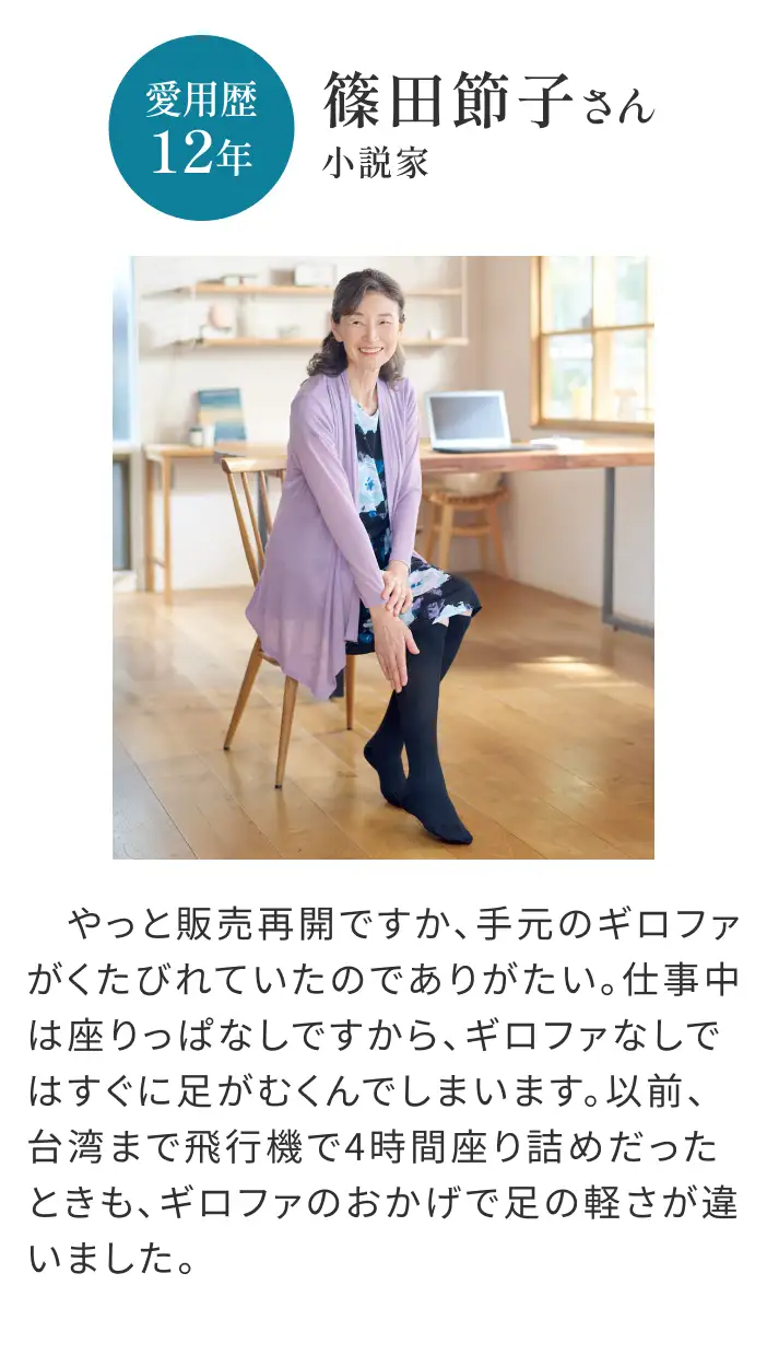 愛用歴12年 篠田節子さん(小説家)やっと販売再開ですか、手元のギロファがくたびれていたのでありがたい。仕事中は座りっぱなしですから、ギロファなしではすぐに足がむくんでしまいます。以前、台湾まで飛行機で4時間座り詰めだったときも、ギロファのおかげで足の軽さが違いました。