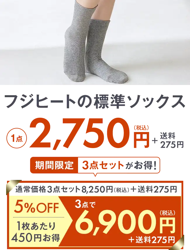 フジヒートの標準ソックス2,750円＋送料275円 2点で5,224円＋送料275円 5％OFF 1枚当たり138円お得