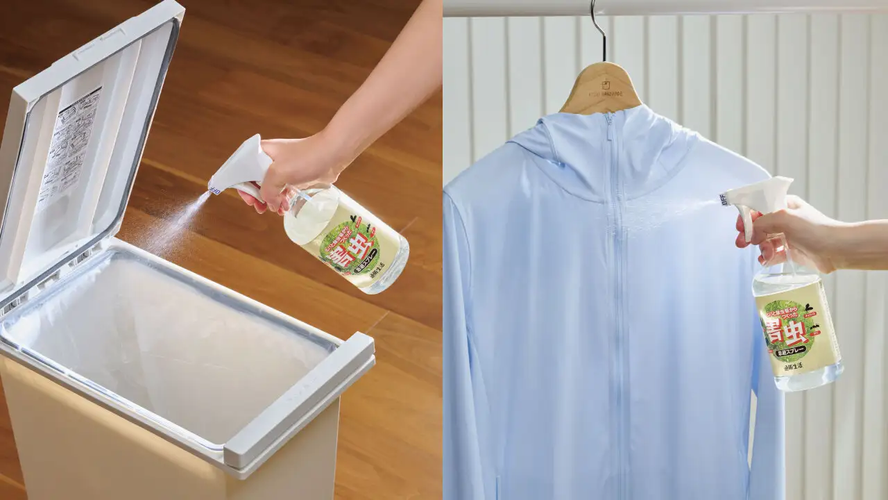 ヒバと除虫菊の害虫忌避スプレーをゴミ箱と服にかける