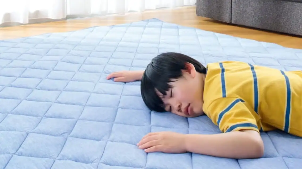 床に商品『ひんやり5層ラグ』を敷いた上に、小学生くらいの男の子がうつ伏せに寝ている