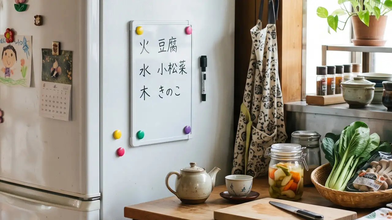 冷蔵庫の壁にホワイトボードでメモが貼られている