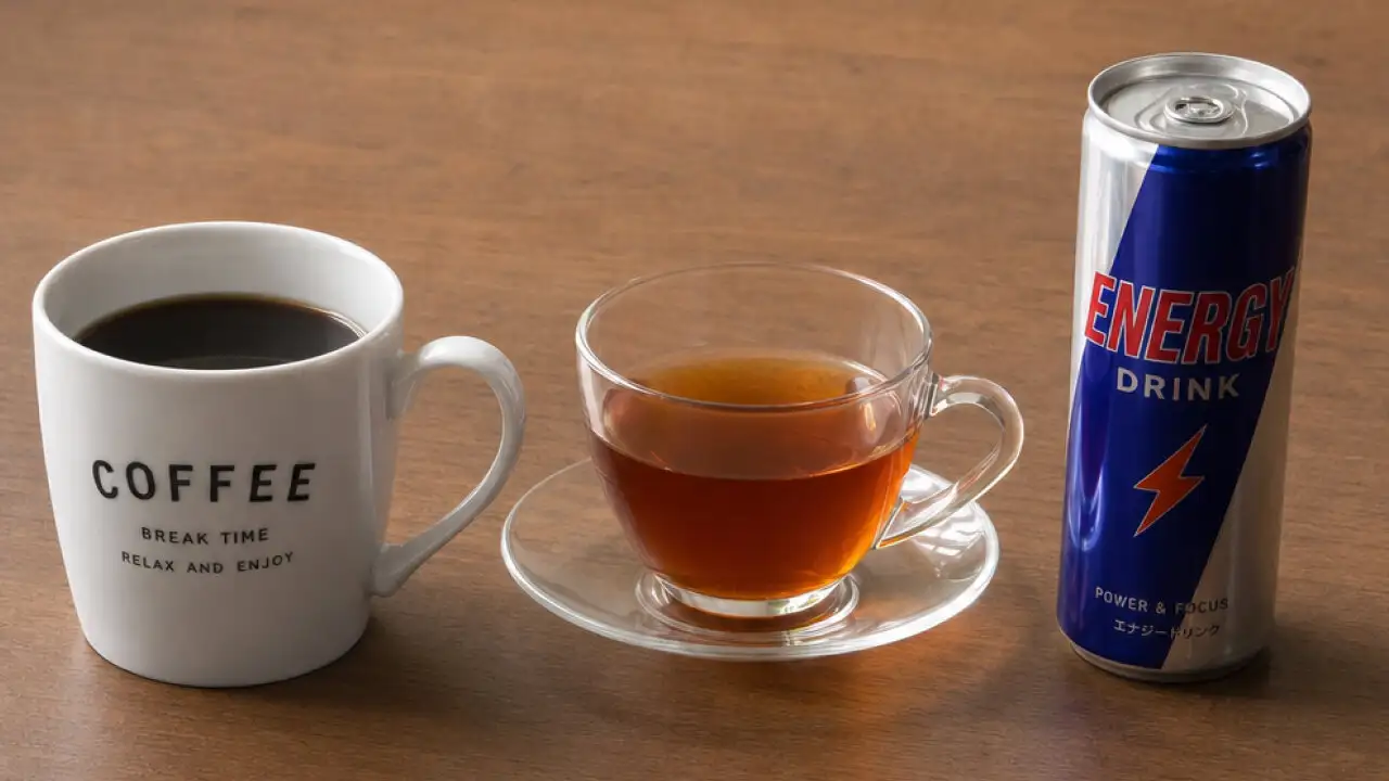画像：コーヒーと紅茶とエナジードリンクを机に並べている様子