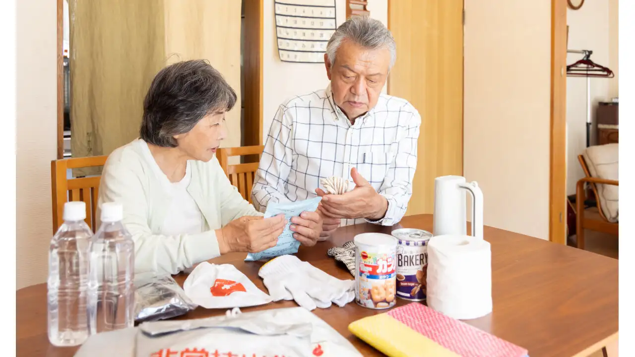 災害時の準備をするシニア夫婦