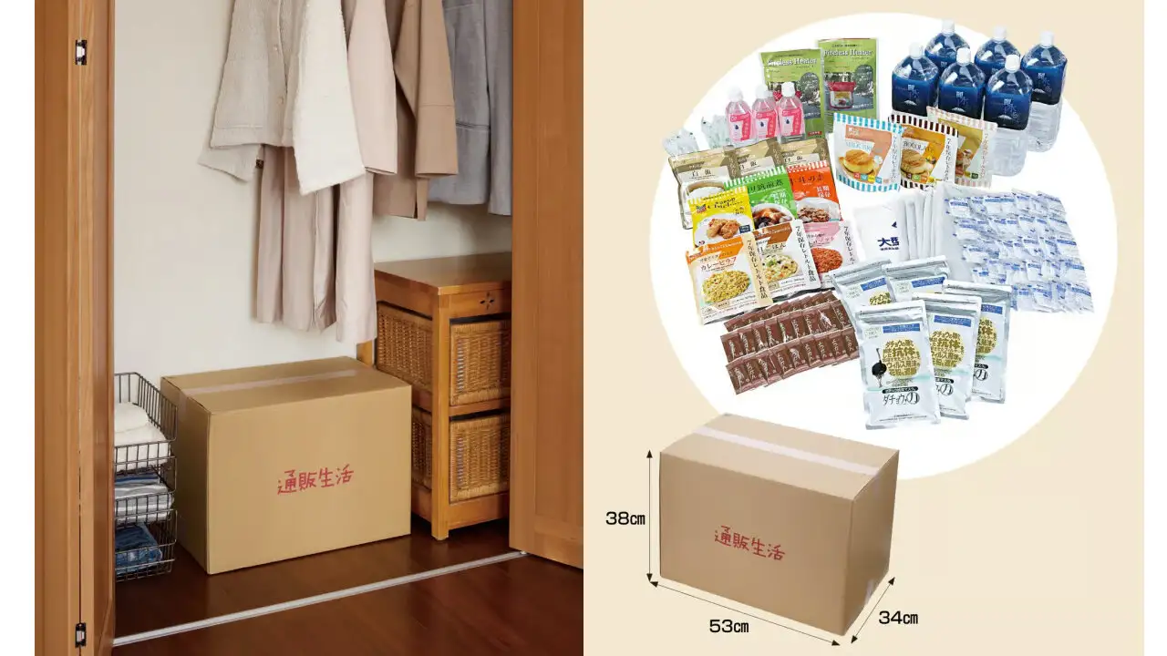 商品『3日間防災備蓄セット』の中身と、クローゼットに収納される『3日間備蓄防災セット』