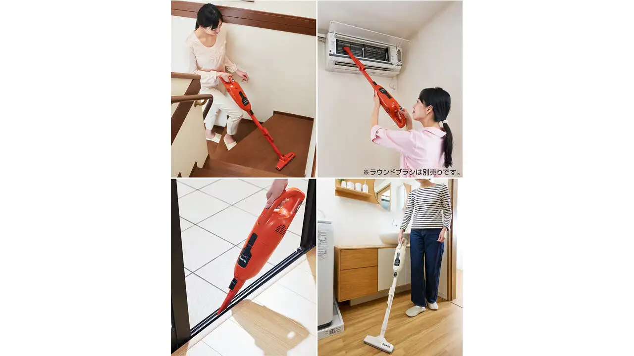 商品『マキタのターボ・60』を使って家の階段、エアコン内部、窓のサッシ、床を掃除する女性