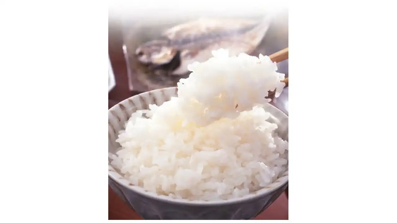 テーブルの上。箸で茶碗から白米を取っており、奥に焼き魚がある