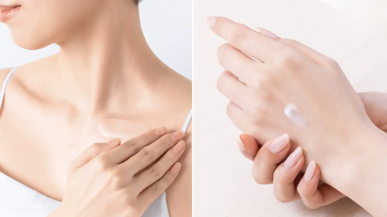 画像:クリームを首と手に塗っている様子