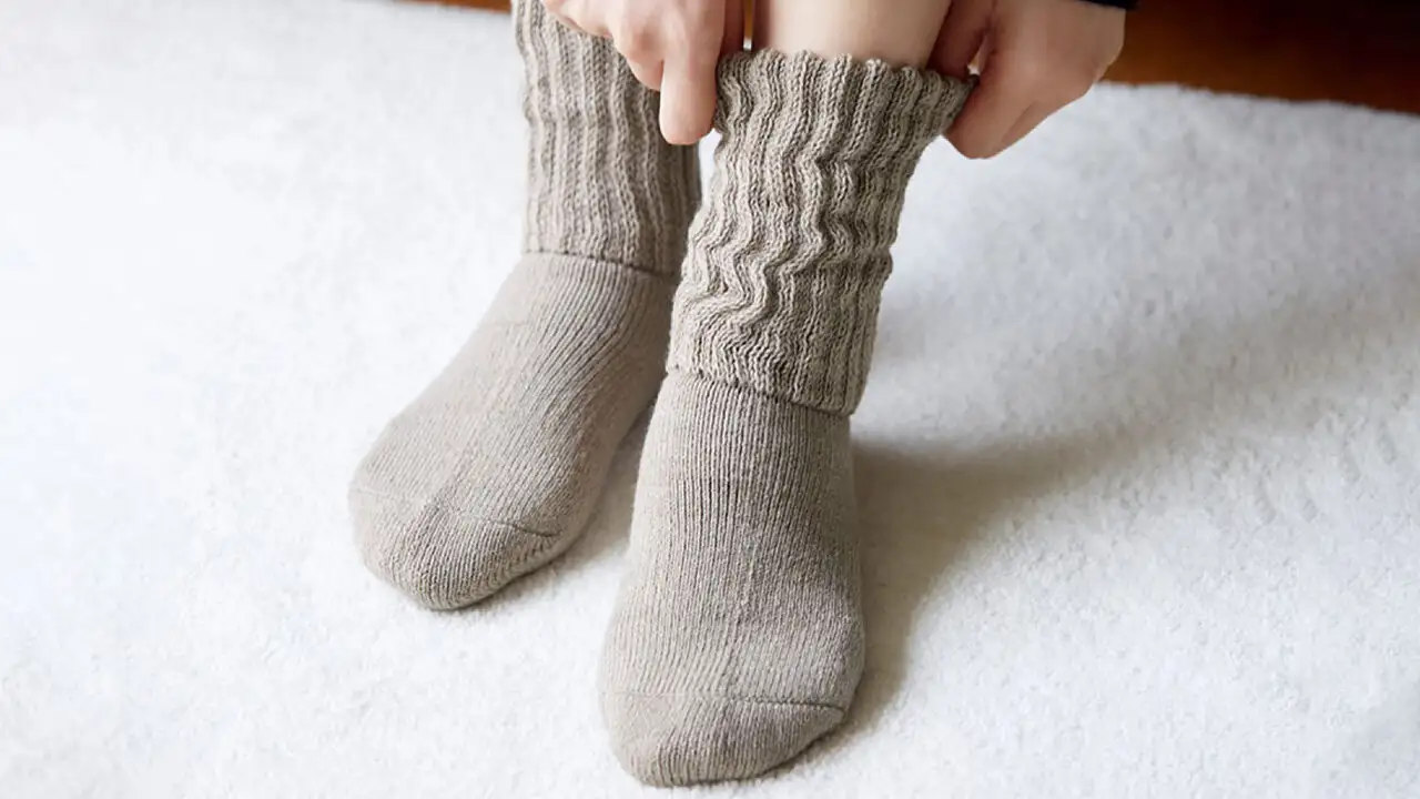 厚手ソックスを履いた左足を両手で整える