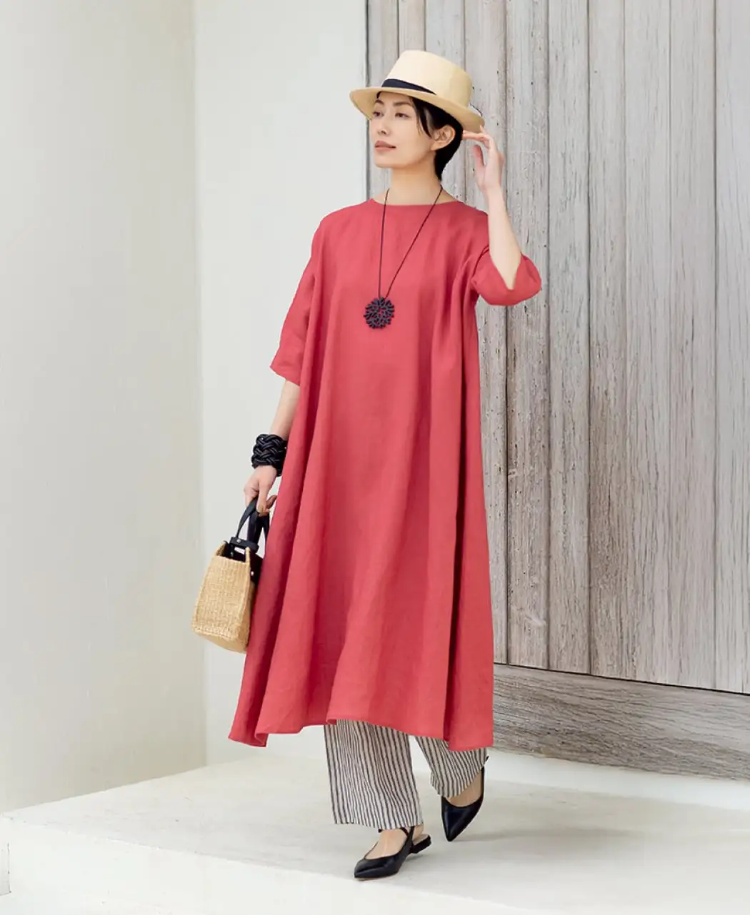 麻のフレアワンピース0