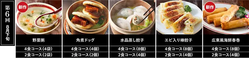 【第6回 8月下旬】角煮ドッグ／水晶蒸し餃子／野菜粥／広東風海鮮春巻／エビ入り棒餃子