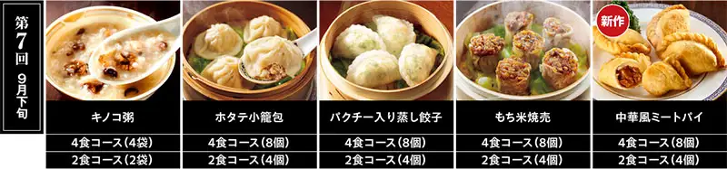【第7回 9月下旬】キノコ粥／ホタテ小籠包／中華風ミートパイ／パクチー入り蒸し餃子／もち米焼売