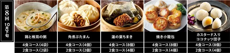 【第8回 10月下旬】角煮ぶたまん／鶏と椎茸の粥／カスタード入りココナッツ団子／蓮の葉ちまき／焼き小籠包