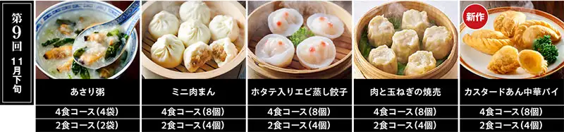 【第9回 11月下旬】あさり粥／ミニ肉まん／肉と玉ねぎの焼売／カスタードあん中華パイ／ホタテ入りエビ蒸し餃子