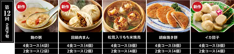 【第12回 2月下旬】鮑の粥／回鍋肉まん／イカ団子／松茸入りもち米焼売／胡麻焼き餅