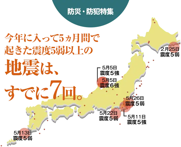 今年に入って5ヵ月間で起きた震度5弱以上の地震は、すでに７回。