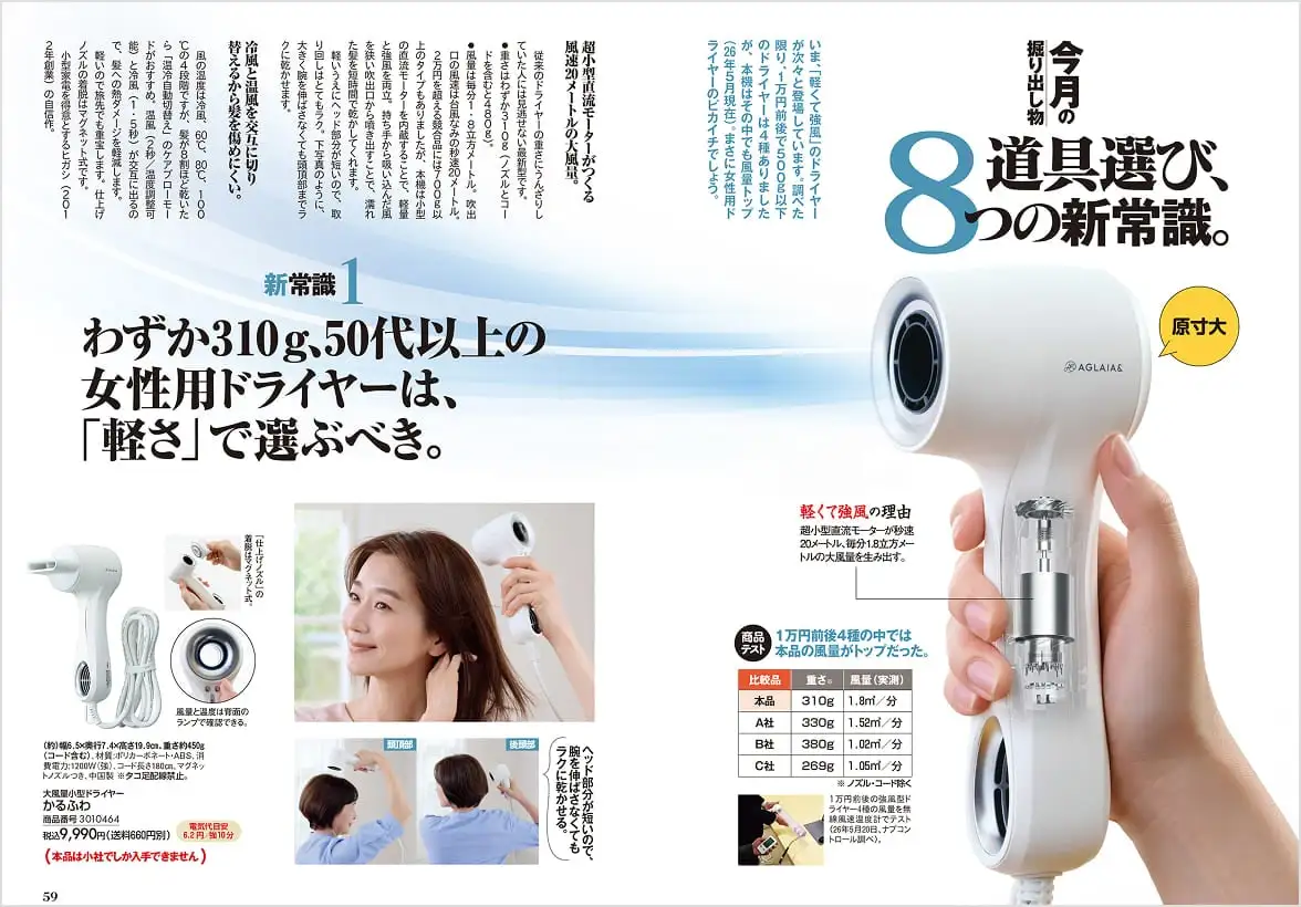 「軽さで選ぶ」女性用ドライヤーなど、8つの道具選びの新常識の誌面