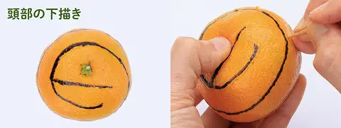 ヘタを目にして、口、頭の切り込み線を入れる。イメージ