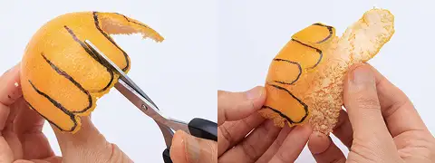 皮をはがしたらはさみで指の間の線を切り、指先のまるみなどの形を整える。親指はめくり上げる。イメージ