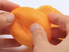 親指でやさしく押しながら裏返す。やぶれないようていねいに。皮の形をくずさないように実を取り出し、皮は裏返す。イメージ