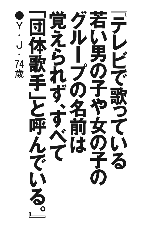 『テレビで歌っている若い男の子や女の子のグループの名前は覚えられず、すべて「団体歌手」と呼んでいる。』Y・J・74歳