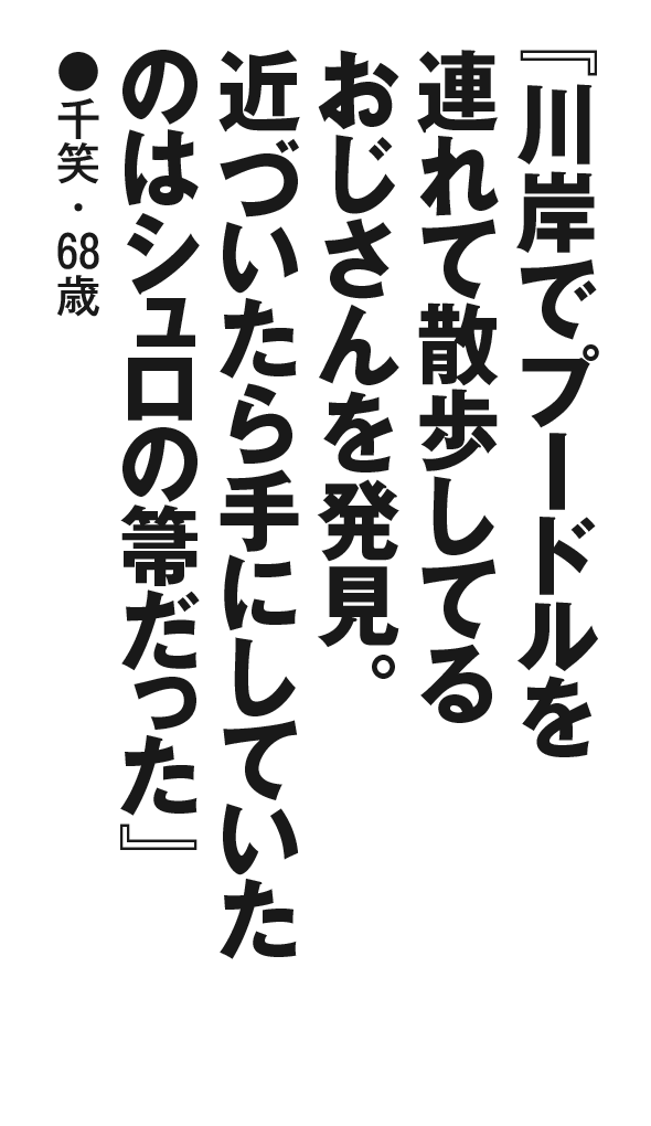 『川岸でプードルを連れて散歩してるおじさんを発見。近づいたら手にしていたのはシュロの箒だった』千笑・68歳