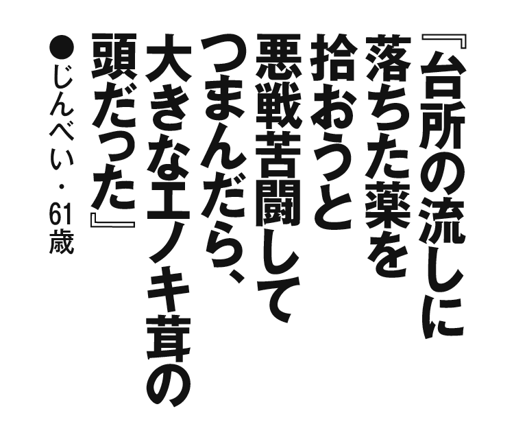 『台所の流しに落ちた薬を拾おうと悪戦苦闘してつまんだら、大きなエノキ茸の頭だった』じんべい・61歳