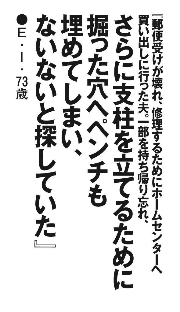 『郵便受けが壊れ、修理するためにホームセンターへ買い出しに行った夫。一部を持ち帰り忘れ、さらに支柱を立てるために掘った穴へペンチも埋めてしまい、ないないと探していた』E・I・73歳